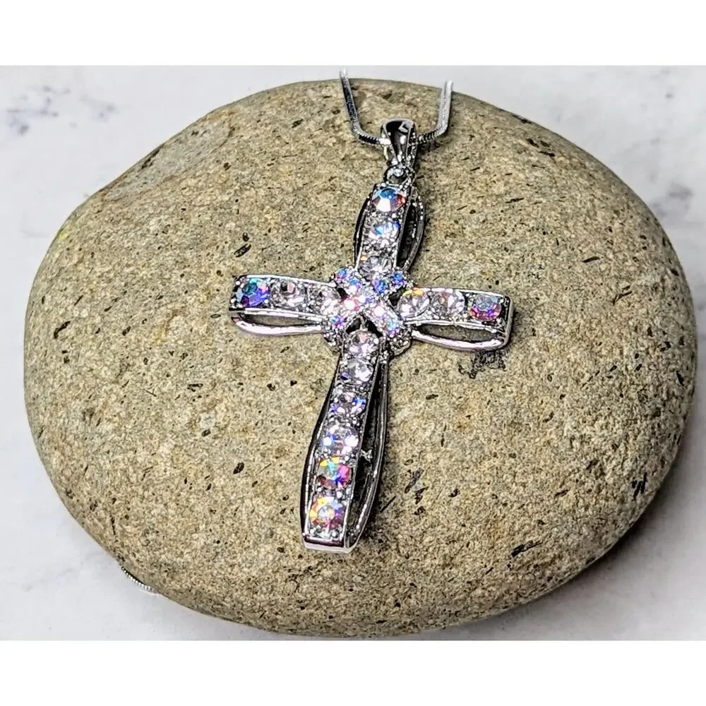 White Gold Plated Crystal Cross Necklace NEW Religious Spiritual Gift